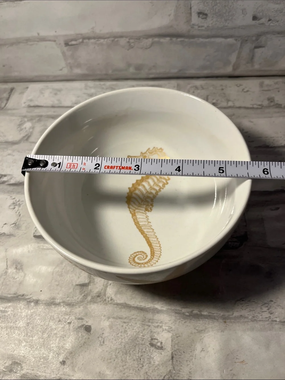 White Porcelain Bowl with Gold Seahorse Accent coastal life gold fine China 5.5